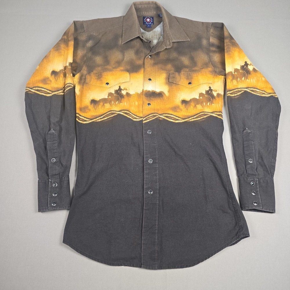Panhandle Slim Western Shirt Mens S Small Sunset Cowboy Border Print Horse 100%C
